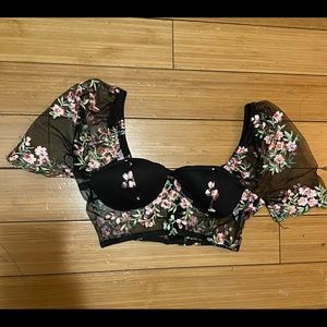 Embroidered floral Sheer crop Top